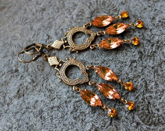 UNIKAT * Gala-Ohrringe * Chandeliers * PEACH & PEAR * Orange | Gelb | Messing * Vintage