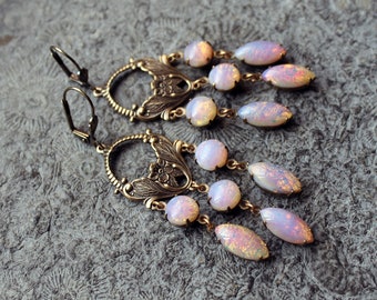 Gala Earrings * Chandeliers * CHERRY BLOSSOM OPAL * Brass * Vintage