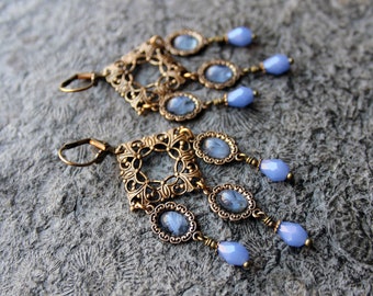 UNIKAT * Gala earrings * Chandeliers * VALERIA * Blue | Brass * Vintage