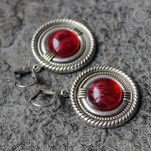 Cabochon Earrings * SHIELD MAID * Silver | Red * Vintage