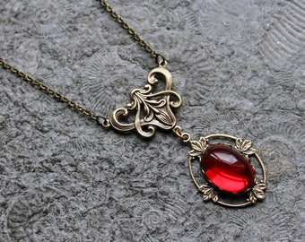 Art Nouveau * Cabochon Necklace * RUBY JEWEL * Necklace * Red Bronze | Brass * Vintage