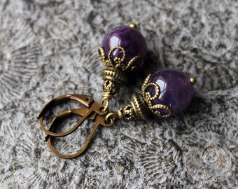 Boucles d'oreilles pierres précieuses * AMÉTHYSTE * Violet | Bronze * Millésime