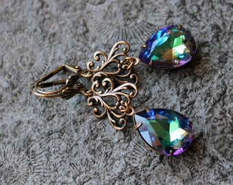 Cabochon earrings * HELENA * Blue AB | Brass * Art Nouveau * Vintage