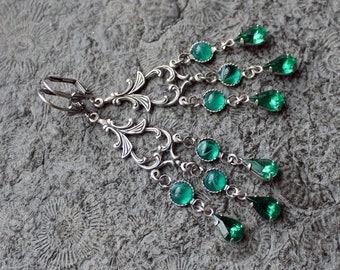 Vintage Cabochon * Gala Earrings * Chandeliers * AURELIA * Silver | Green