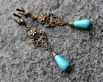 Glass bead earrings * MINA * Blue | Brass * Imitation turquoise * Vintage