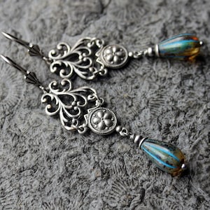 Glass bead earrings * HENNY * Blue | Brown | Silver * Art Nouveau * Vintage