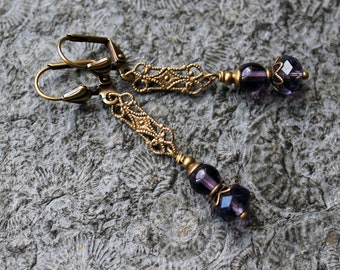 UNIQUE * Bohemian glass bead earrings * INAYA * Brass | Purple * Vintage