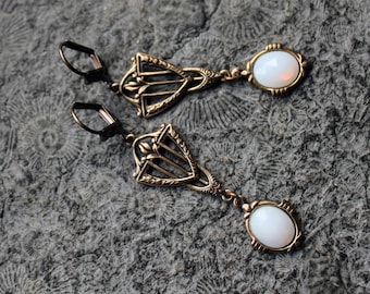 Art Nouveau earrings * HENRIETTE * Opalite * Brass * Cabochon * Vintage