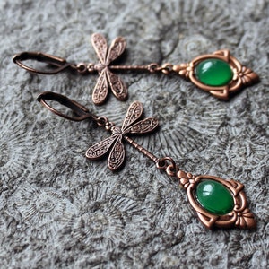 Cabochon earrings * MEADOW DRAGONFLIES * Green | Copper * Vintage