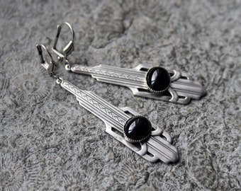 Boucles d’oreilles Cabochon * Black Metropolis * Art Déco * Argent