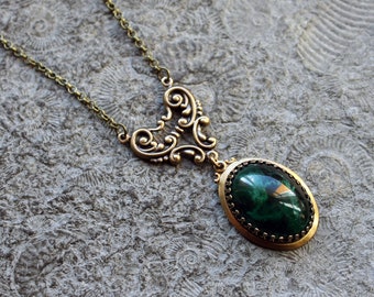 Vintage * Necklace * CLOUDY GREEN * Cabochon chain * Green | Brass | Bronze