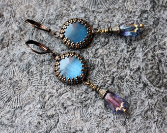 UNIQUE * Cabochon earrings * TULIP * Blue | Purple | Bronze * Vintage