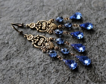 Gala Earrings * Chandeliers * BLUE MOON * Brass * Vintage