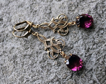Cabochon earrings * ALEXANDRINE * Vintage * Brass | Purple