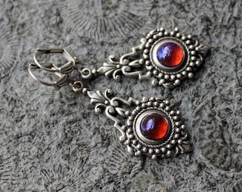 Boucles d'oreilles cabochon * Verre OPALE MEXICAIN * Rouge | Bleu | Argent * Millésime