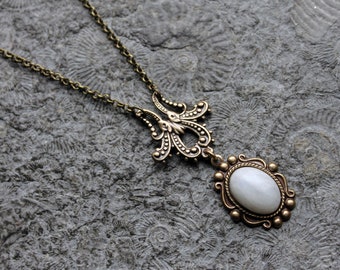 UNIQUE * Vintage * Gemstone Necklace * MOONSTONE * Necklace * White | Brass | Bronze *