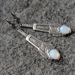 Cabochon Earrings * ARKENSTEIN * Opalite * Art Deco * White | Silver