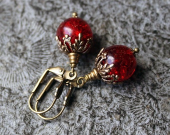 Glass pearl earrings * PERSEPHONE * Red | Brass * Vintage