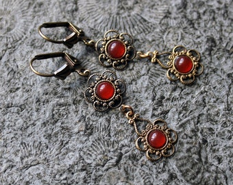 Cabochon earrings * LOBELIA * red-brown | Carnelian | Brass * Vintage