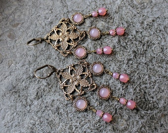 Gala Earrings * Chandeliers * PEONY * Brass | Pink * Vintage