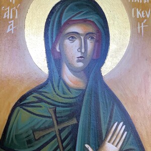 Byzantinische Ikone des Heiligen Paraskevi.Einzigartige kyrillische Ikone des Heiligen Paraskevi.Traditionelle christliche Kunst.Byzantinisches Kunstwerk.Original.