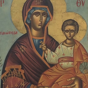 Icon of Virgin Mary and the Holy Infant .A long handmade orthodox icon .Byzantine style
