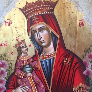 Virgin Mary icon Panagia Rose Amaranth.Handmade Greek Orthodox Icon of Theotokos,Mother of God Byzantine art wall decor.Ideal Christian gift