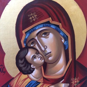 Jungfrau Maria Ikone, Madonna Mary, handgemachte kyrillische Ikone.Byzantinische Kunst, ideales christliches Geschenk.