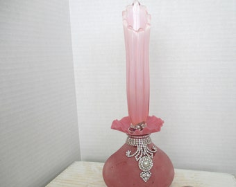 centerpiece unique pink flower vase, handmade vintage bud vase glass, Fostoria Opalescent Glass, rhinestone vase, eclectic decor accent vase