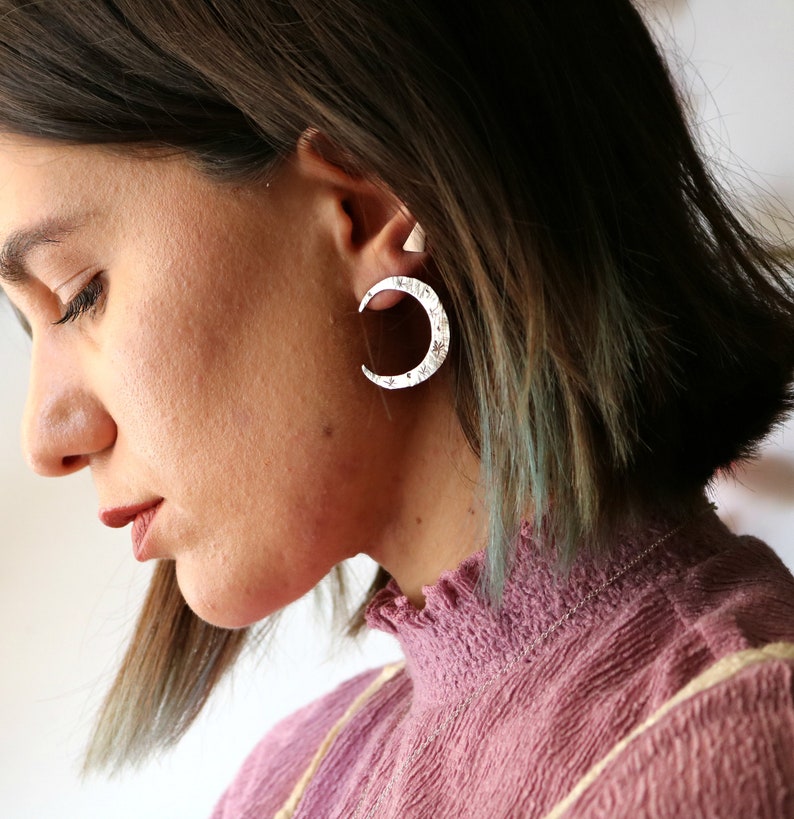 Silver Moon Earrings Constellation Studs Waning Waxing Crescents Celestial Phase Sterling Handmade Mystical Jewelry Women Occult