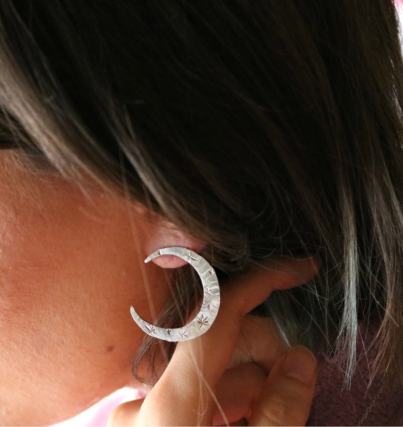 Silver Moon Earrings Constellation Studs Waning Waxing Crescents Celestial Phase Sterling Handmade Mystical Jewelry Women Occult