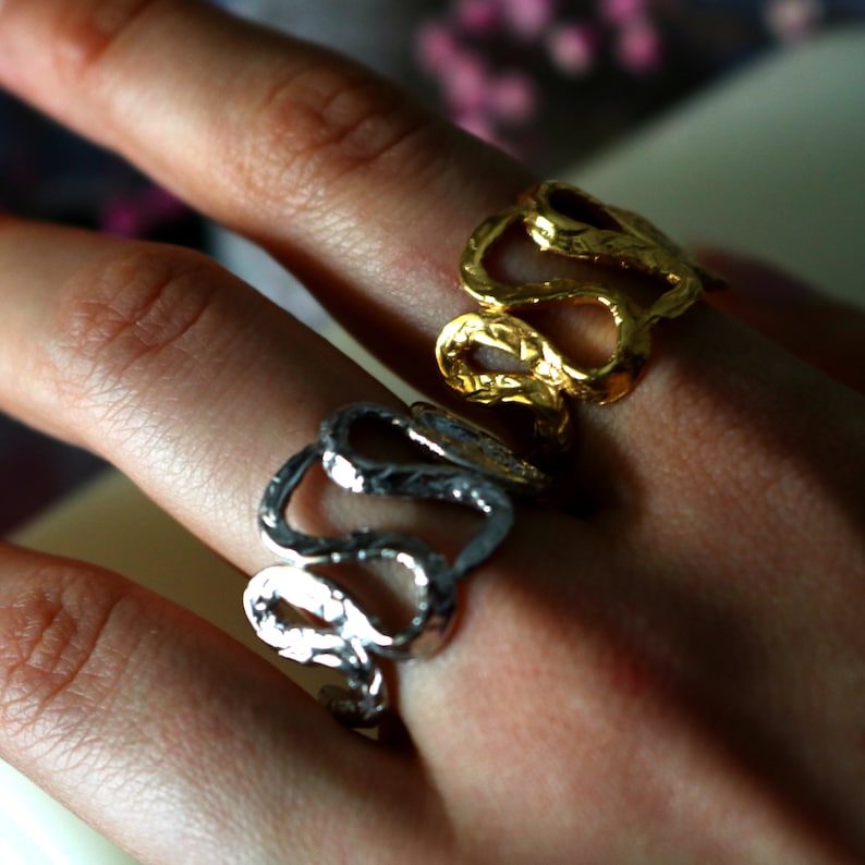 Wide band ouroboros snake ring Silver dancing snakes statement ring Kundalini divine feminine thumb ring Gold plated occult jewelry CELEANO