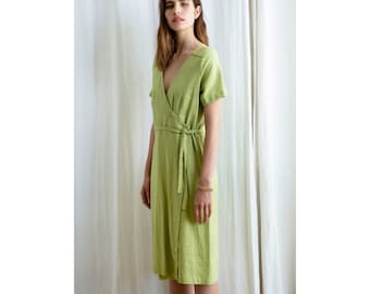 Linen Midi Wrap Dress,Short Sleeves Dress,V Neckline Linen Tunic,Fitted Elegant Linen Dress,Women Linen Summer Dress,French Style Midi Dress