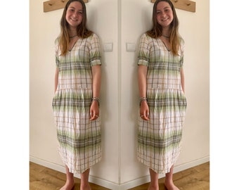 Checkered Linen Midi Dress,Women Plaid V Open Short Sleeves Summer Linen Tunic,Linen Clothing,Slow Fashion