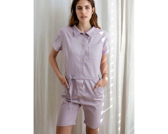 Linen Jumpsuit Short Sleeves Overall,Women Pastel Pockets Summer Romper,Ladies Playsuit,Linen Clothes Gifts