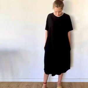 Oversized T-Shirt Dress,Black Midi Pocket Dress,Short Sleeves Cotton Dress,Casual Shirt Dress,Summer Cotton Shirtdress,Loose Tshirt Dress