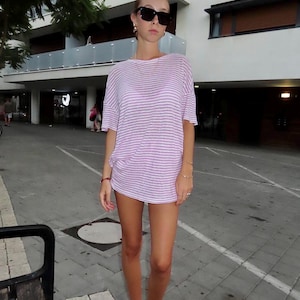 T-shirt surdimensionné en lin,T-shirt à manches courtes en lin,T-shirt ample en lin,Chemise en lin basique pour femme,Tshirt à col rond en lin,Top en lin rayé