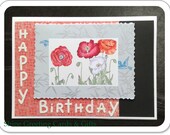 White, Red & Black Handmade Birthday Greeting Card - C5 Blank Inside, Poppies on Grey Blue Bird Background