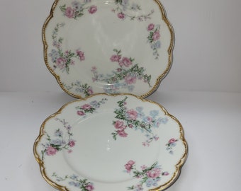 Vintage Haviland Limoges Dessert Salad Plates Set of 2 White Pink Flowers Gilded Scalloped Edges