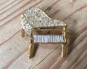 Gold Rhinestone Baby Grand Piano Brooch Pin Musician Jewelry Piano Teacher