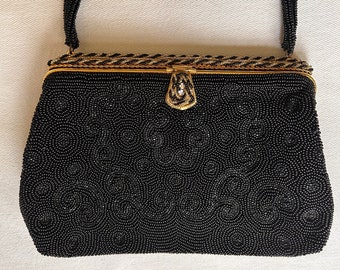 Black Beaded Evening Bag Formal Vintage Made in France Hand Made Micro-beaded Vintage Handbag Wristlet Purse Graduation Bridesmaid Gift