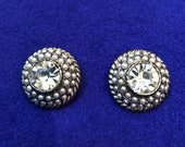 Round Graziano Rhinestone and Seed Pearl Silver Clip Earrings Vintage Clip Earrings
