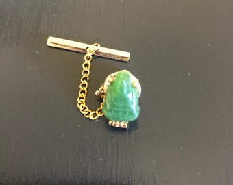 Jade Buddha Tie Tack Pin SWANK Genuine Carved Men's Jewelry Vintage