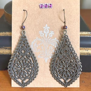 Moroccan Stamped Bronze Earrings Large Lightweight Boho Filigree Earrings Pierced Dangle Drop Medallion Cut Out Scroll Earrings