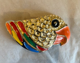 Vintage MIMI Di N Parrot Head 1987 RARE Signed colorful Enamel Belt Buckle Couture Runway Statement Piece Accerssory Large Gold Belt Buckle