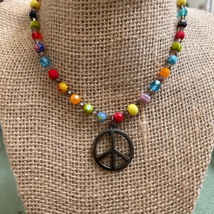 Boho Hippie Necklace- Colorful Peace Sign Necklace - Beaded Rainbow Necklace- Birthday Gift Friendship Gift Love Peace Sign Handmade Beaded