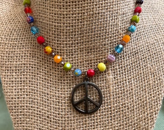 Boho Hippie Necklace- Colorful Peace Sign Necklace - Beaded Rainbow Necklace- Birthday Gift Friendship Gift Love Peace Sign Handmade Beaded