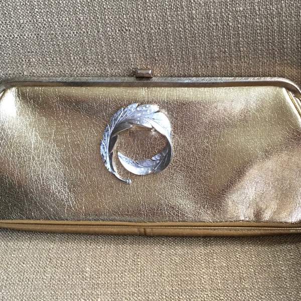 Gold Lamé Clutch Evening Bag Purse Vintage Silver Swirl Feather Brooch JR Florida USA Roomy Evening Bag Barbie Purse GoGo Dancer 1960's