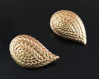 Brushed Gold Basketweave Leaf Clip Earrings Vintage Earrings Classic Design Swirling Leaves