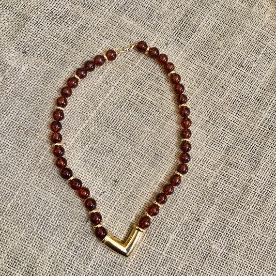 Napier Amber Bead Vintage Necklace Gold V Pendant… - image 4